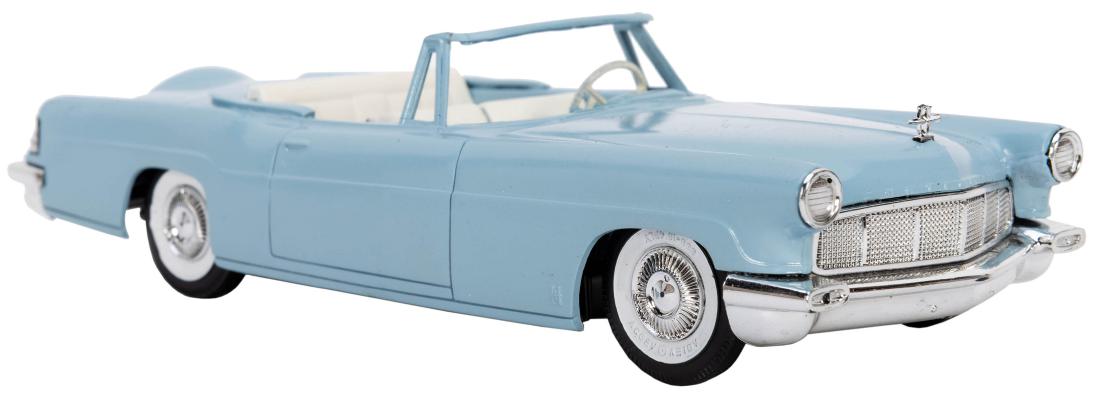 1956 AMT Lincoln Continental MK II Convertible Promo: 1956 AMT Lincoln Continental MK II Convertible Promo Car. Powder blue with white interior; this car was never actually produced, and this rare 1/32 scale promo is first example we’ve seen. Painted, 