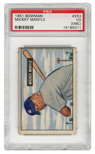 1951 Bowman Mickey Mantle Rookie No. 253. PSA VG 3: 1951 Bowman Mickey Mantle Rookie No. 253. PSA VG 3 (MC).