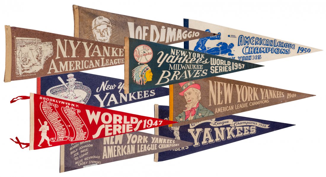Lot of Nine 1930s—1950s New York Yankees: Lot of Nine 1930s—1950s New York Yankees Pennants. A wonderful grouping of felt Yankees pennants, including several scarce designs, plus league and World Series championship examples, comprising: 19