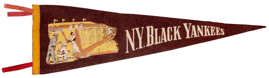 New York Black Yankees Negro League Pennant. Circa: New York Black Yankees Negro League Pennant. Circa 1930s/40s. Scarce Negro League souvenir felt banner in cream, yellow, and blue, on a dark brown background. Length 26”. Slight cracking, but ov