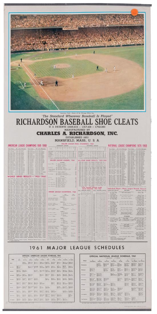 Lot of 8 Richardson Baseball Cleats MLB Schedules /: Lot of 8 Richardson Baseball Cleats MLB Schedules / Stat Sheets. 1950s/60s. Pictorial hanging schedules with statistical charts and information, with color photos of various major league stadiums and 