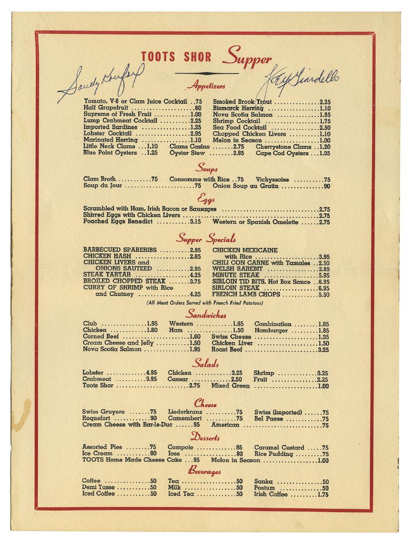 Dinner Menu Signed by Sandy Koufax and Joey Giardello. (1 of 3)