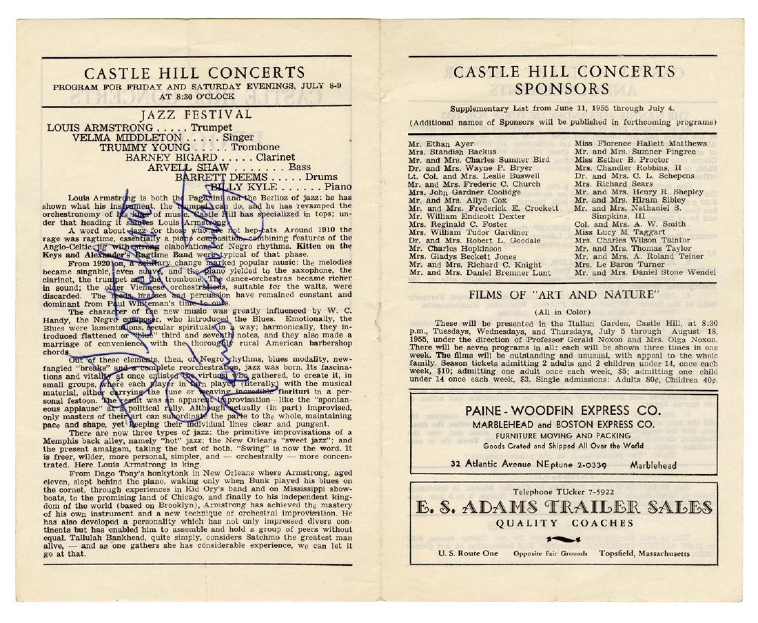 Louis Armstrong Signed Castle Hill Concert Program. (1 of 1)