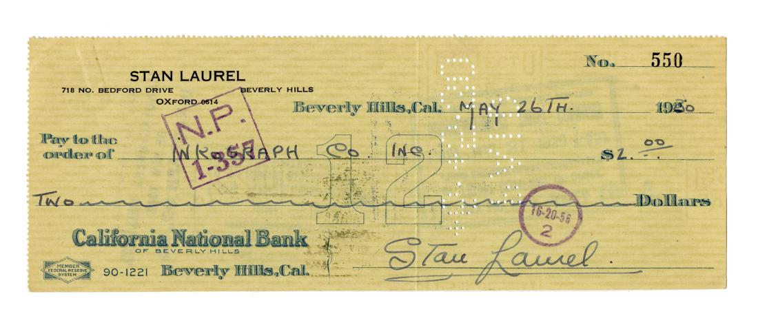Stan Laurel Signed Check. Personal check of Stan Laurel (1 of 1)