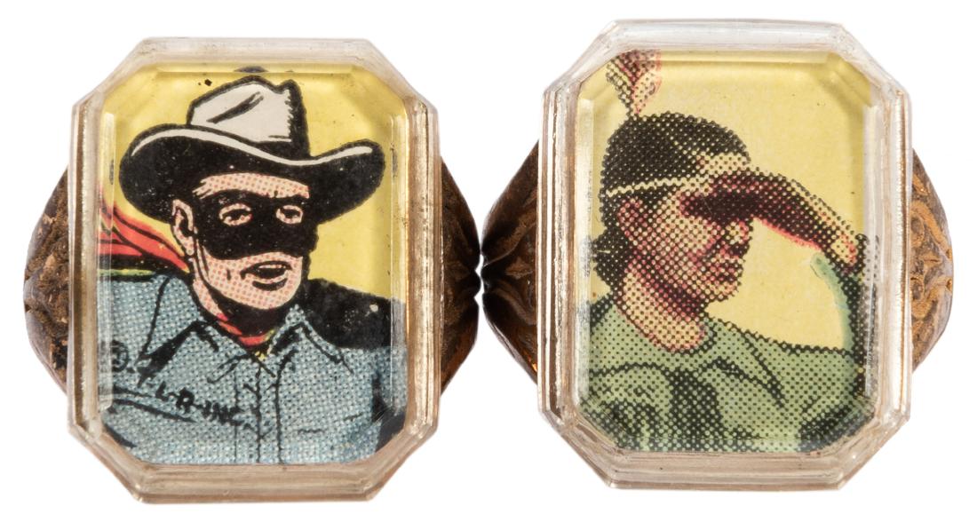 Lone Ranger and Tanto Color Portrait Rings. 2pcs. Circa: Lone Ranger and Tanto Color Portrait Rings. 2pcs. Circa 1948. Two plastic gold rings with a clear Lucite top covering lithographic images of Lone Ranger and his faithful sidekick, Tanto. Minor paint l