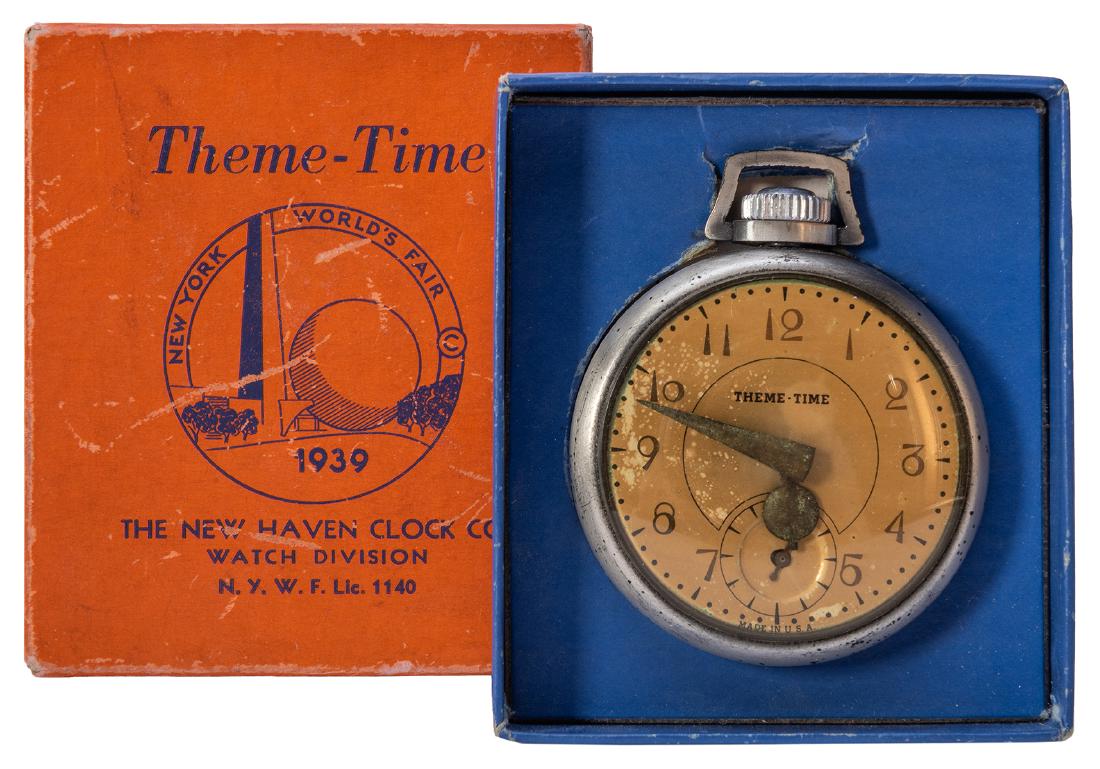 New York World’s Fair Pocket Watch. New Haven,: New York World’s Fair Pocket Watch. New Haven, CT: New Haven Clock Company, 1939. A Theme-Time pocket watch featuring the two monumental modernistic structures of the New York World’s Fair, Trylon