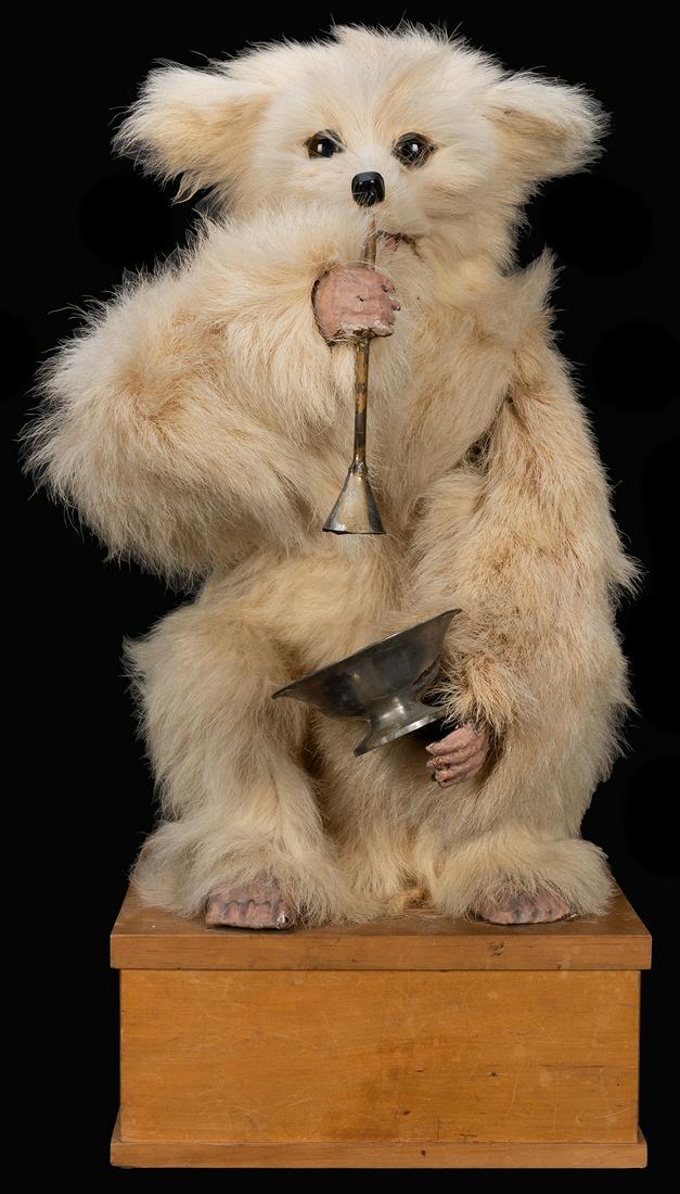 Bubble Blowing Bear Automaton.: Bubble Blowing Bear Automaton. Paris: Roullet & Decamps, ca. 1930. White bear made of real animal fur with glass eyes and composition hands holds a metal bowl in one paw and bubble blowing wand in the