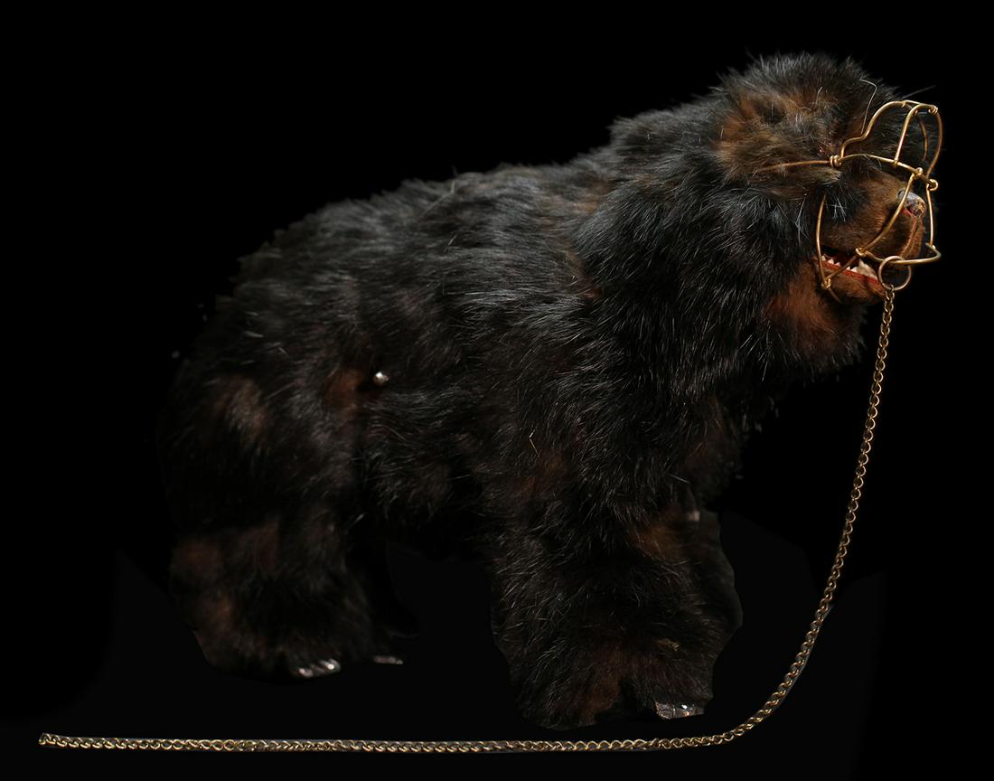 Walking Bear Automaton.: Walking Bear Automaton. Paris: Roullet & Decamps, 1900s. Brown fur-covered bear with trainer’s muzzle and chain over his mouth. Four articulated legs terminating in wooden feet allow the bear to wal