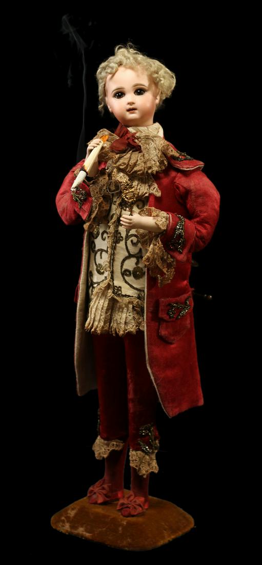 Marquis Smoker Automaton.: Marquis Smoker Automaton. Paris: Leopold Lambert, ca. 1900. Handsomely attired figure with velvet costume trimmed in lace accented with golden metallic sequins holds a pair or opera glasses in one han
