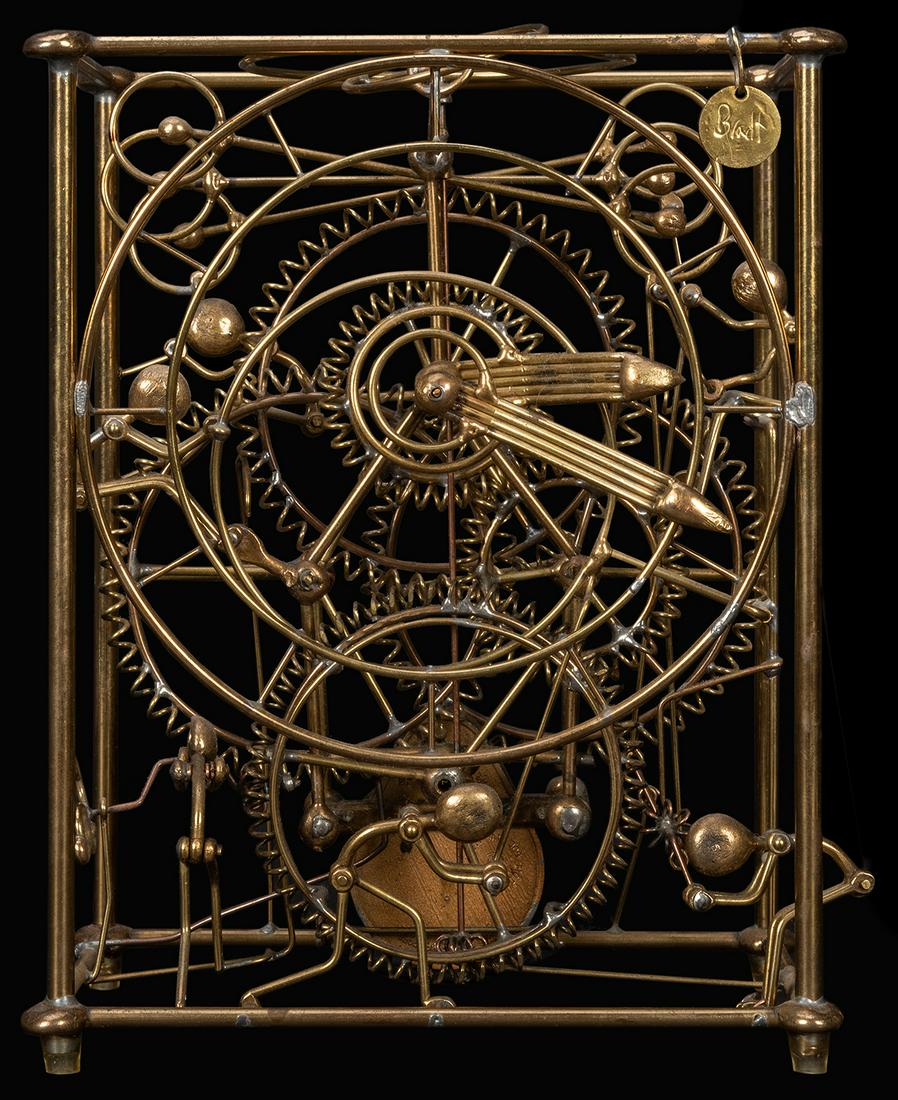Gordon Bradt Six Man Kinetic Clock.: Gordon Bradt Six Man Kinetic Clock. Busch, AR, ca. 1990s. Handcrafted brazed and molten solid brass electric clock, with mechanized little men working levers and cranks that apparently keep the clock 