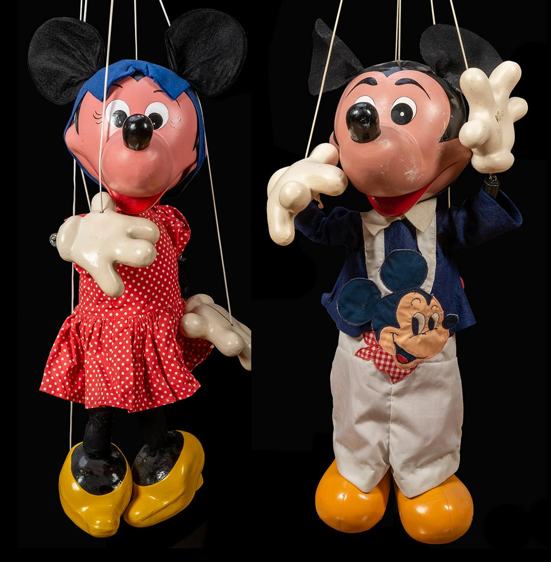Large Mickey and Minnie Mouse Disney / Pelham Display: Large Mickey and Minnie Mouse Disney / Pelham Display Marionettes. England, ca. 1950s. Painted wooden marionettes in original costumes. Height approx. 22”. Pelham labels on wooden control bars, reta