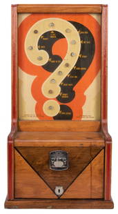 Exhibit Supply Co. Countertop Love Tester Coin-Operated: Exhibit Supply Co. Countertop Love Tester Coin-Operated Arcade Machine. Circa 1940s. Wooden cabinet with light-up, field with question mark design. Insert a coin and the machine divines your personali