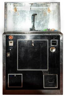 Bally Coin-Operated Claw Digger Arcade Game.: Bally Coin-Operated Claw Digger Arcade Game. Vintage floor console claw game, coin-operated, with black laminate sides, metal brackets and side panels, tiled interior. Lock and key. Filled with a quan