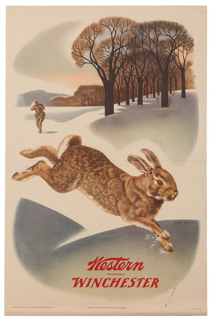 Western—Winchester Rabbit Hunting Poster. 1955.: Western—Winchester Rabbit Hunting Poster. 1955. USA, 1955. Original offset lithograph poster, designed by Weimer Pursell, depicting a rifleman taking aim at a jackrabbit. 40 x 26”. Unmount