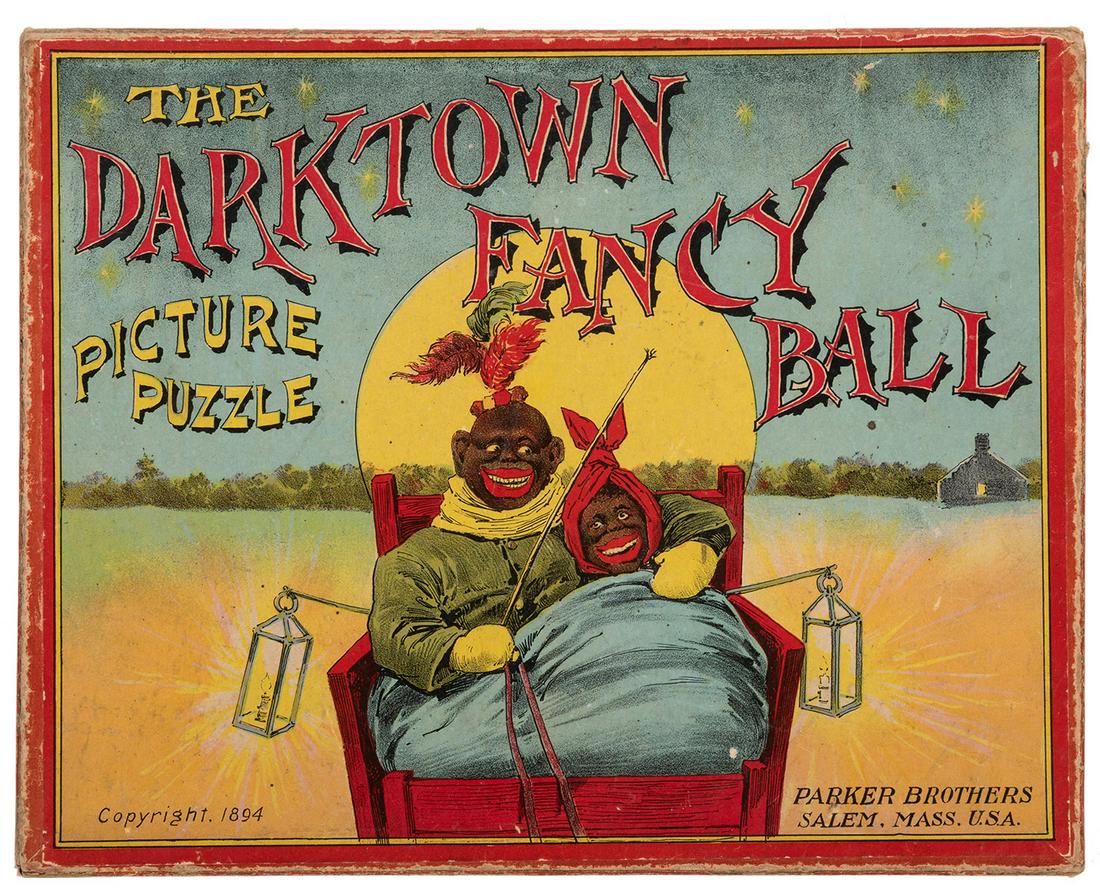 The Darktown Fancy Ball Picture Puzzle.: [Black Americana] The Darktown Fancy Ball Picture Puzzle. Salem, MA: Parker Brothers, 1894. Complete. A vibrant colored cardboard jigsaw puzzle depicting a celebration with original box and graphics. 