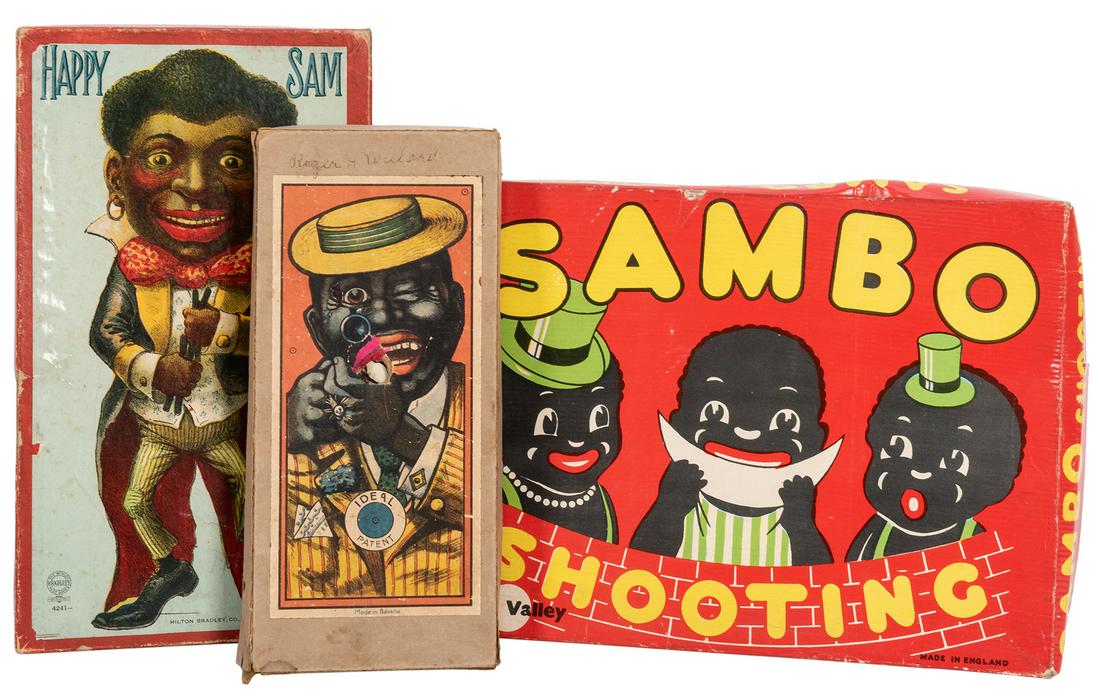 Various Target Games. 3 pcs.: [Black Americana] Various Target Games. 3 pcs. Early 20th century. Includes Happy Sam (Milton Bradley), Sambo Shooting (Chad Valley), and a German shooting game that includes a Nova metal gun. Objecti