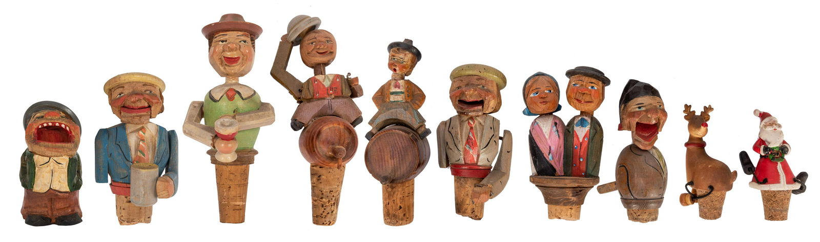 Group of 8 Carved Wooden Bottle Stoppers. (1 of 1)