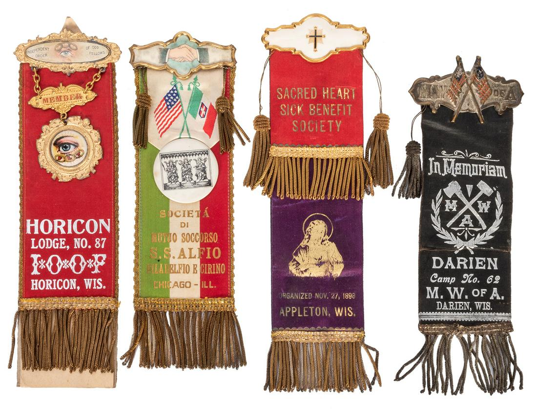Group of Fraternal Lodge Ribbons. 4 pcs.: Group of Fraternal Lodge Ribbons. 4 pcs. Lot includes Horicon Lodge (Independent Order of Odd Fellows), Societa di Mutuo Soccorso, Sacred Heart Sick Benefit Society, and Modern Woodmen of America. Len