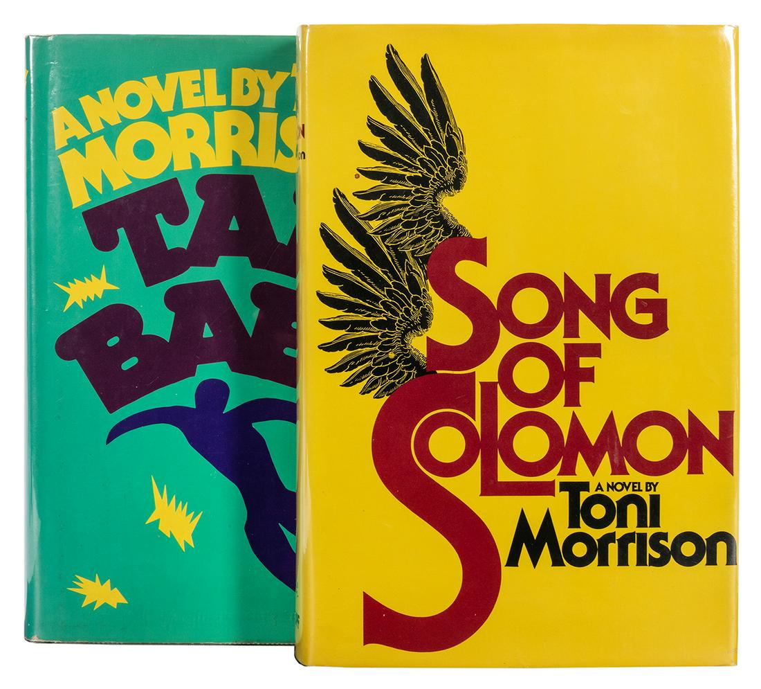 Pair of Toni Morrison First Editions.: Morrison, Toni. Pair of Toni Morrison First Editions. New York: Alfred A. Knopf. Includes Song of Solomon (1977) and Tar Baby (1981). 8vo. Light dust soiling to rear panel of Tar Baby, owner’s i