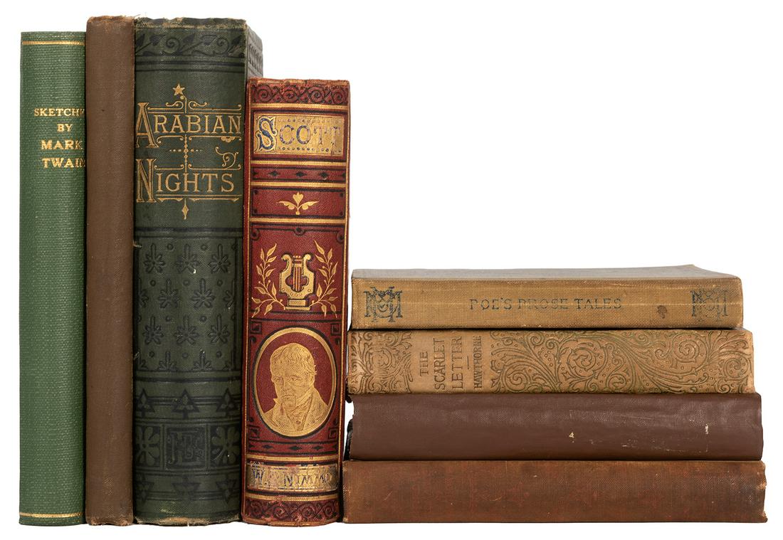 Group of 19th Century Literature. 8 pcs.: Group of 19th Century Literature. 8 pcs. Includes: Sketches by Mark Twain (1880), Pomegranates from an English Garden by Robert Browning (1885), Arabian Nights (1881), The Poetical Works of Sir Walter