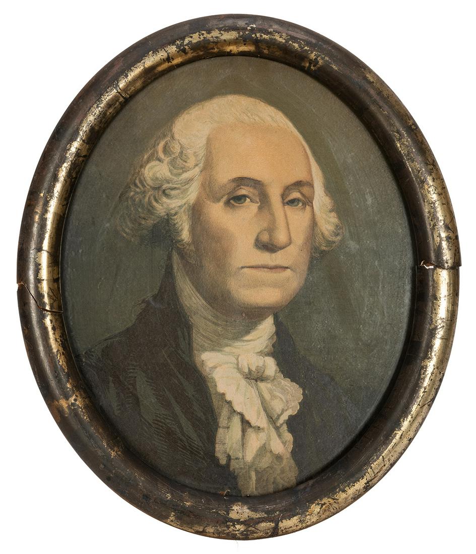 Antique Framed George Washington Print.: Antique Framed George Washington Print. Circa 1812. After Gilbert Stuart’s 1796 unfinished portrait of Washington (The Athenaeum), this engraving is hand tinted and sits inside an oval gilt fram