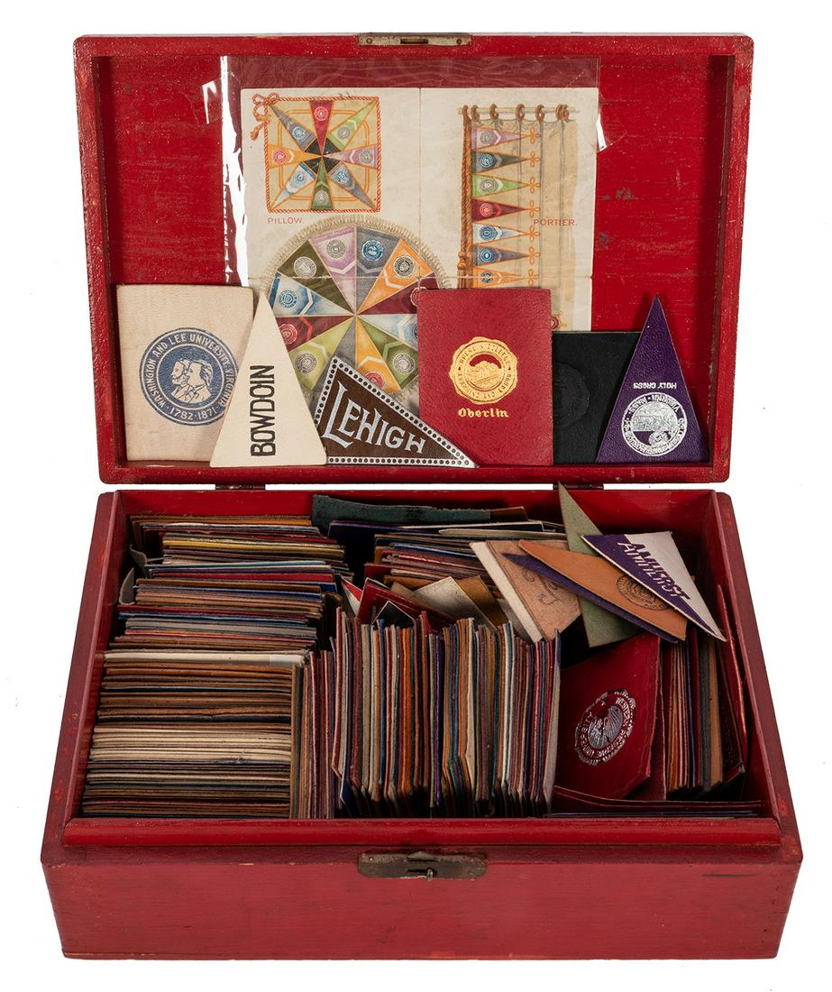 Collection of Murad Premium Tobacco Leather Patches.: Collection of Murad Premium Tobacco Leather Patches. Approx. 350. The American Tobacco Company, ca. 1910s. College series, featuring school seals and pennants with school’s name either printed or pr