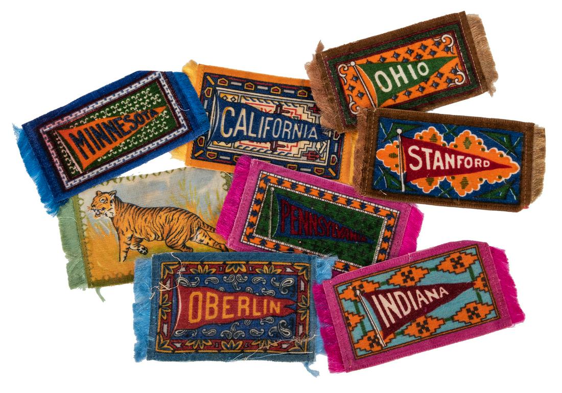 Group of Fatima Premium Tobacco Felts. 24 pcs.: Group of Fatima Premium Tobacco Felts. 24 pcs. The American Tobacco Company, ca. 1910s. College series, vibrantly colored featuring school's name on a pennant, their mascot, or a sport that they are k