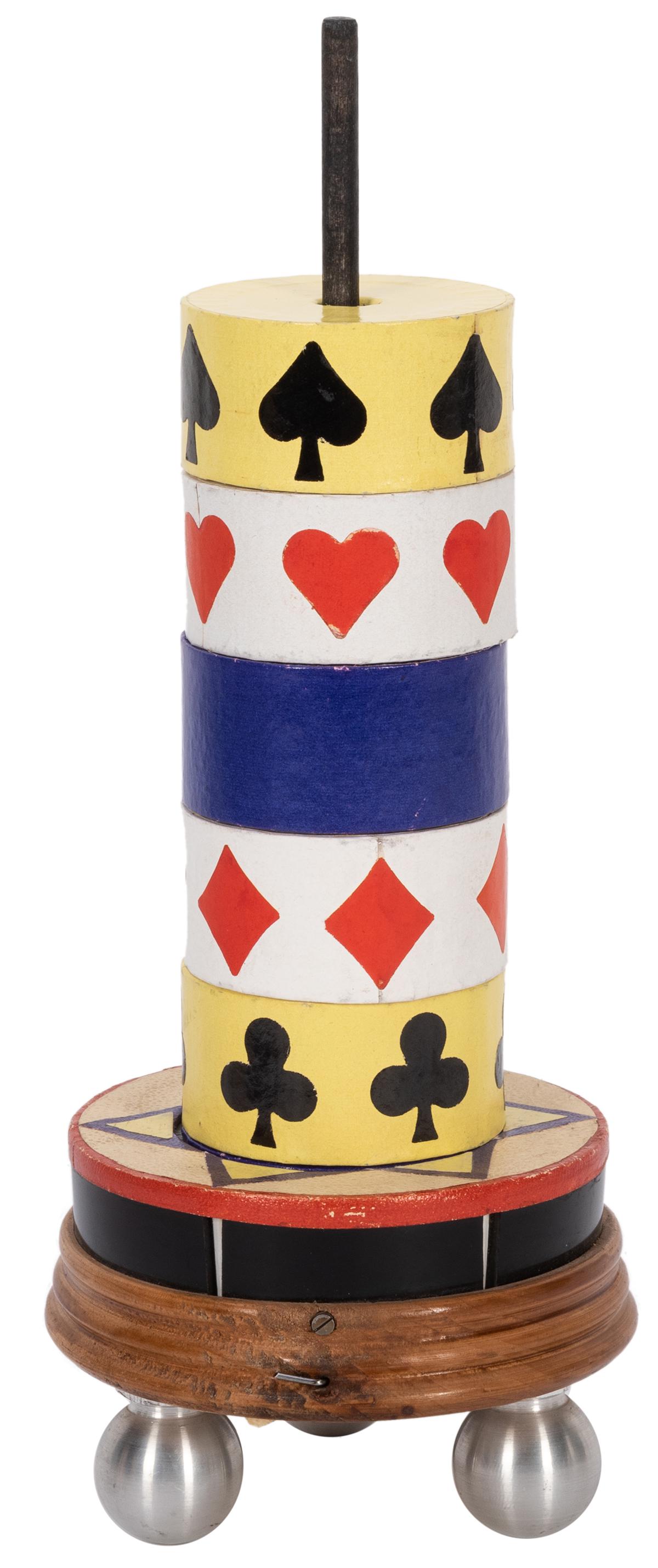 Blue Phantom.: Blue Phantom. Germany: Zauber Technick Haug, ca. 1950. The classic checker trick made with a wooden base, metal feet, multicolored cardboard checkers and cardboard tube. Several elements hand painted.