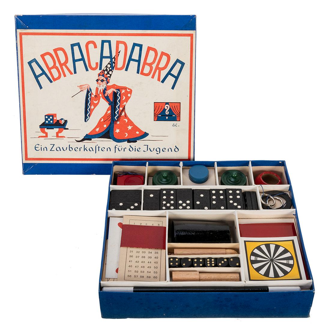 Abracadabra Magic Set.: Abracadabra Magic Set. German, ca. 1935. Child’s magic set includes wooden and paper props, including Snapper, age cards, wand, Cubio, dominoes, handkerchief ball, and more. With instruction books. 