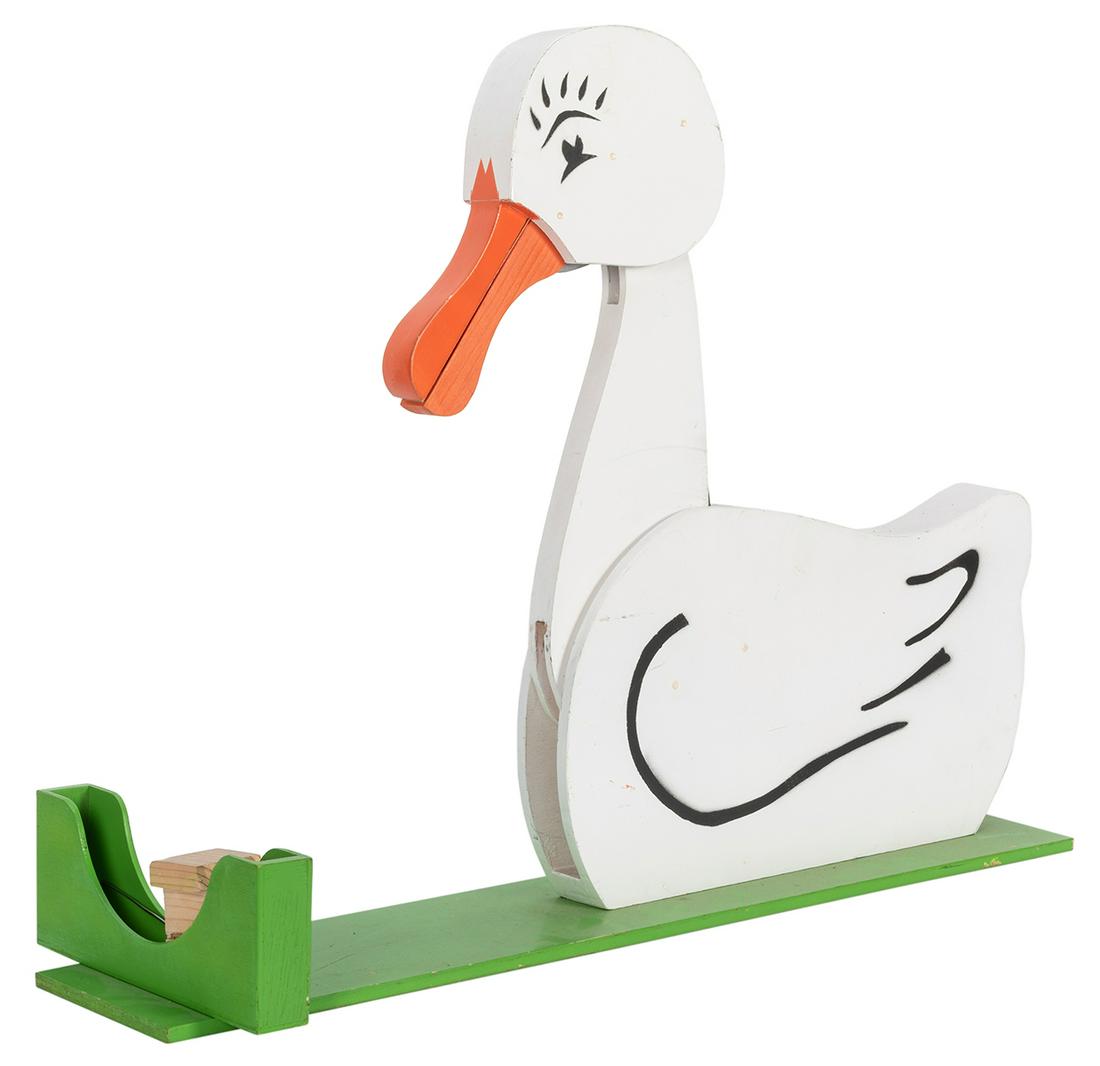 Giant Mechanical Card Duck.: Giant Mechanical Card Duck. Circa 1980. The wooden duck dips his beak into the feed box where a jumbo back of cards rests, and plucks out a selected pasteboard in its mouth. Modeled on the Hamilton de