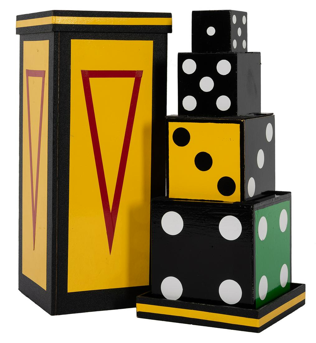 Die Tower.: Die Tower. German, ca. 2000. Four dice of graduated sizes, stacked on top of each other, remain in order even when the tube that contains them is turned over, end-for-end. Height 11 ¾”. One die lac
