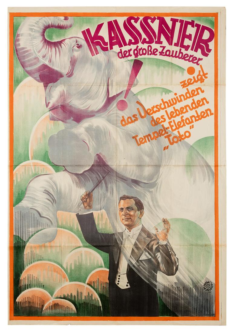Kassner der Grosse Zauberer.: Kassner, Alois. Kassner der Grosse Zauberer. Hamburg: Adolph Friedländer, ca. 1929. Handsome color lithograph shows Kassner’s vanishing elephant, Toto, rearing up over the magician’s head. 55 x 2