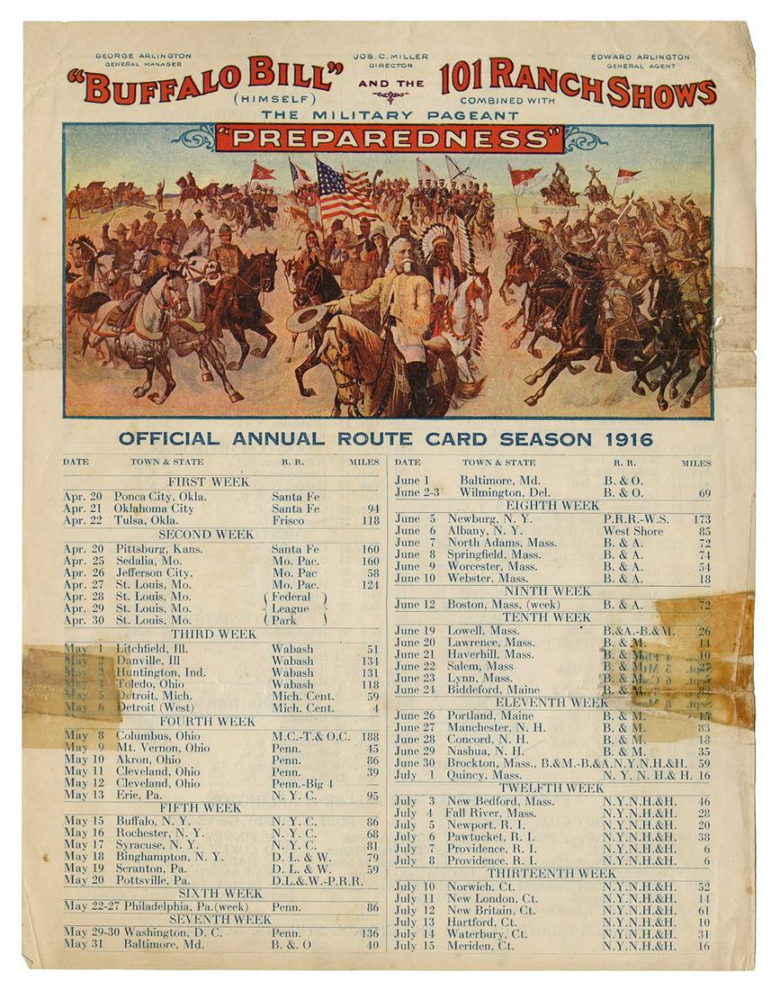 Buffalo Bill and 101 Ranch Wild West 1916 Route Card (1 of 1)