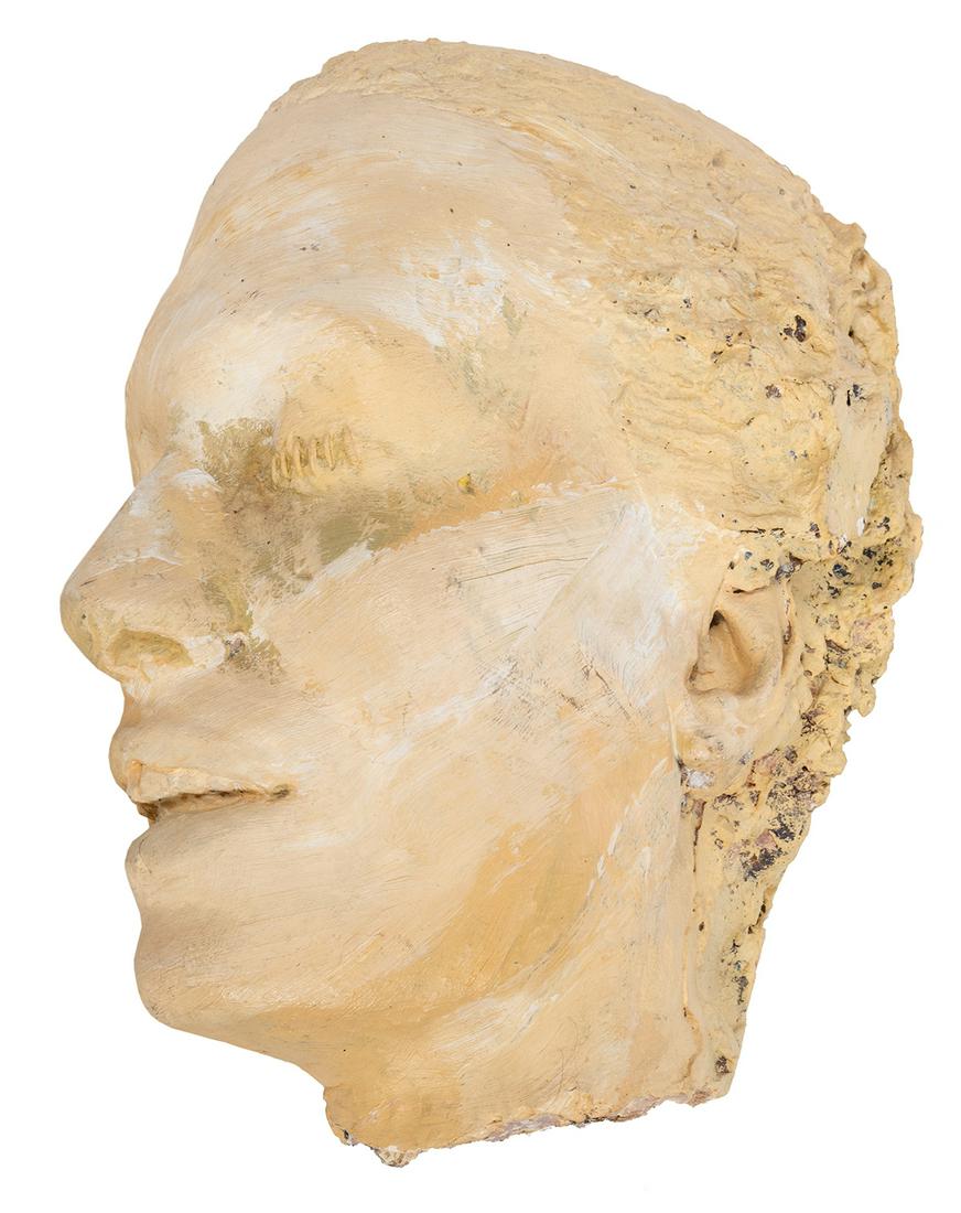 Plaster Head Mold of a Man with Eyes Stitched Shut.: Plaster Head Mold of a Man with Eyes Stitched Shut. Painted plaster. Height 11”. Very good.
