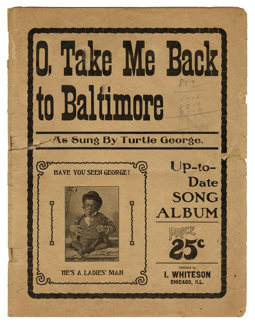 Turtle George Song Album.: Williams, George. Turtle George Song Album. Chicago: I. Whiteson, ca. 1890s. Pictorial printed wraps featuring an image of Williams taken by Eisenmann; contents include many songs and sheet music writ