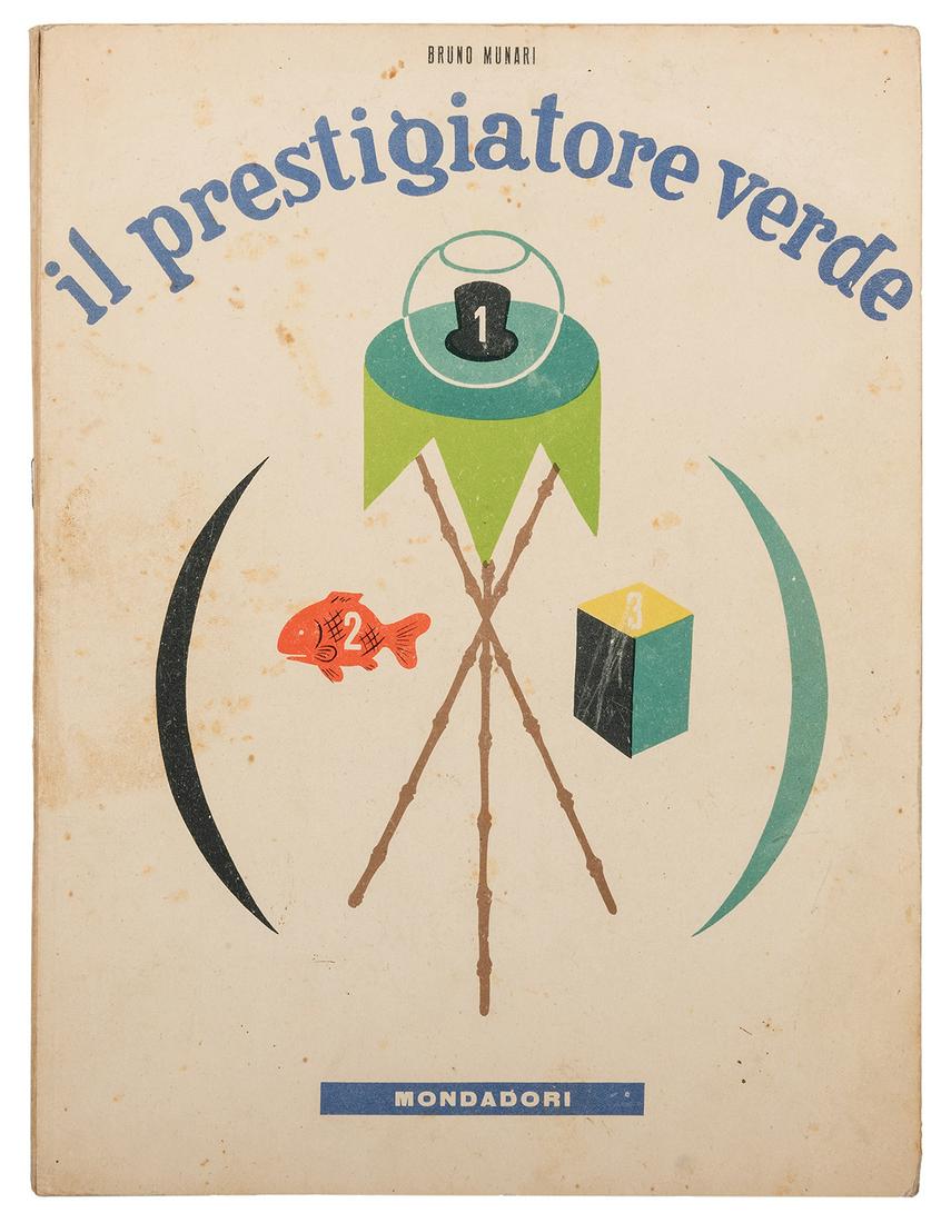 Munari, Bruno. Il Prestigiatore Verde.: Munari, Bruno. Il Prestigiatore Verde. Milan: Mondadori, (1945). First edition. Number 4 in I Libri Munari. Pictorial stiff boards, cloth-backed and stapled. 4to. [6]pp. Animated children’s book