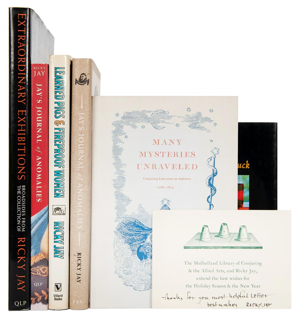 Group of Ricky Jay Books and Ephemera.: Jay, Ricky. Group of Ricky Jay Books and Ephemera. Six volumes by Jay, of which Dice: Deception, Fate & Rotten Luck (2003) is inscribed and signed to Italian magician Roxy; two signed Mulholland Libra