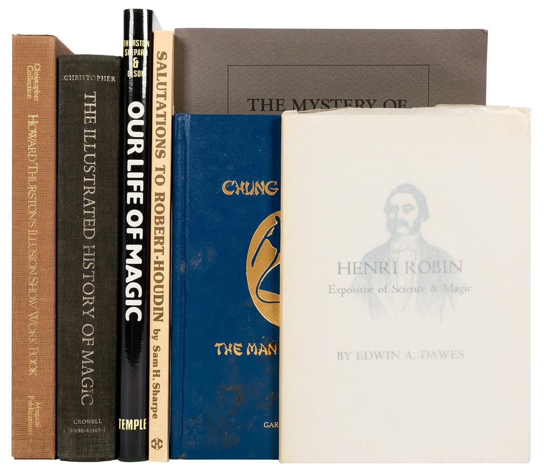 Seven Volumes on Magic History.: Seven Volumes on Magic History. Including Thurston’s Illusion Show Work Book (vol. 1 only); Henri Robin (1990); Chung Ling Soo: Man of Mystery (1988; inscribed and signed), stained covers; Salut