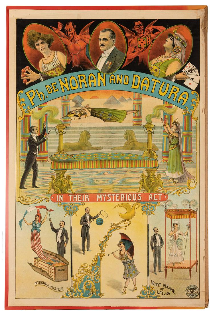 Ph. De Noran and Datura.: Ph. De Noran and Datura. Brussels: Affiches Marci, ca. 1920. Color lithograph filled with vignettes from the performance of this European magician, including a levitation, billiard ball manipulation, 