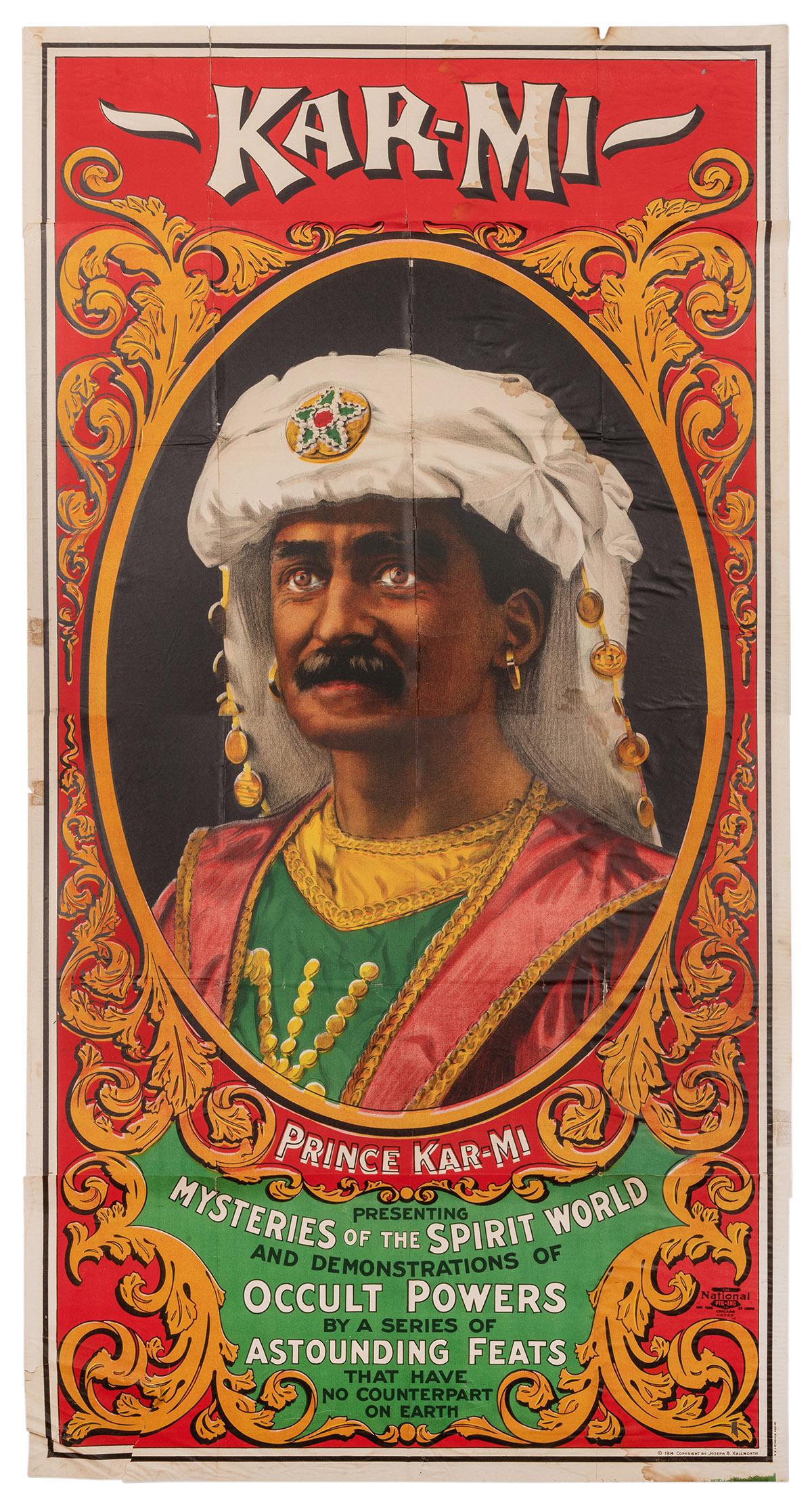 Kar-Mi: Presenting Mysteries of the Spirit World.: Kar-Mi (Joseph Hallworth). Kar-Mi: Presenting Mysteries of the Spirit World. Chicago/New York/St. Louis: National, ca. 1914. Three-sheet poster with central medallion bust of the magician. Unmonuted. 