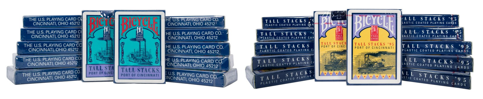 Two Bricks of 1992/95 Tall Stacks Playing Cards.: [Playing Cards] Two Bricks of 1992/95 Tall Stacks Playing Cards. Cincinnati: USPC, 1992/95. Twenty-four mint sealed packs of poker size Tall Stacks playing cards issued to commemorate the Cincinnati r