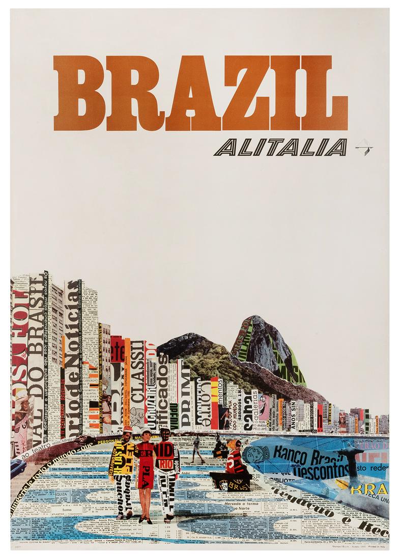Alitalia. Brazil. Novara: I.G.D.A., 1966.: Alitalia. Brazil. Novara: I.G.D.A., 1966. Offset lithograph depicting a newspaper collage of Brazil’s downtown harbor. 39 x 27”. Small closed tears and inpainting to border. B. Linen backe