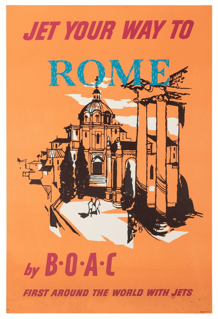 BOAC. Jet Your Way to Rome. 1957.: BOAC. Jet Your Way to Rome. 1957. Silkscreen airline poster. 30 x 20”. Unmounted. Spotting and splatter in lower image area. B.