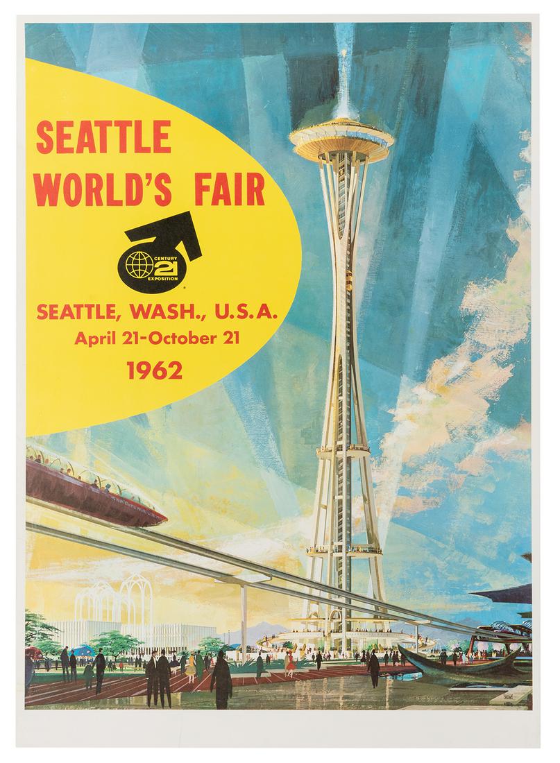 Duff, Earle. Seattle World’s Fair. 1962.: Duff, Earle. Seattle World’s Fair. 1962. A travel poster advertising the 1962 Seattle World’s Fair with a central image of the Space Needle. 35 x 25”. Few small closed tears to margin; expertly