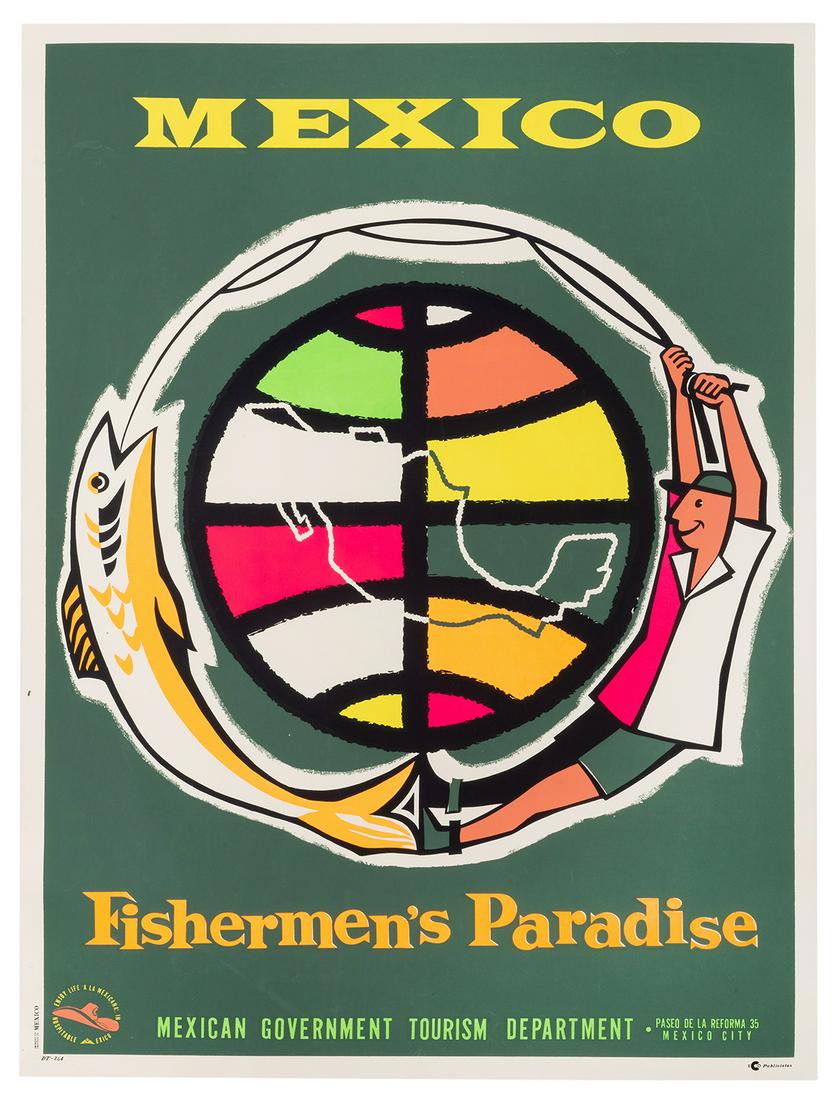 Mexico. Fishermen’s Paradise.: Mexico. Fishermen’s Paradise. Circa 1960s. A silkscreen image of a man catching a large fish encircling a colorful world globe. 37 x 28”. Few small scuffs. A. Linen backed.