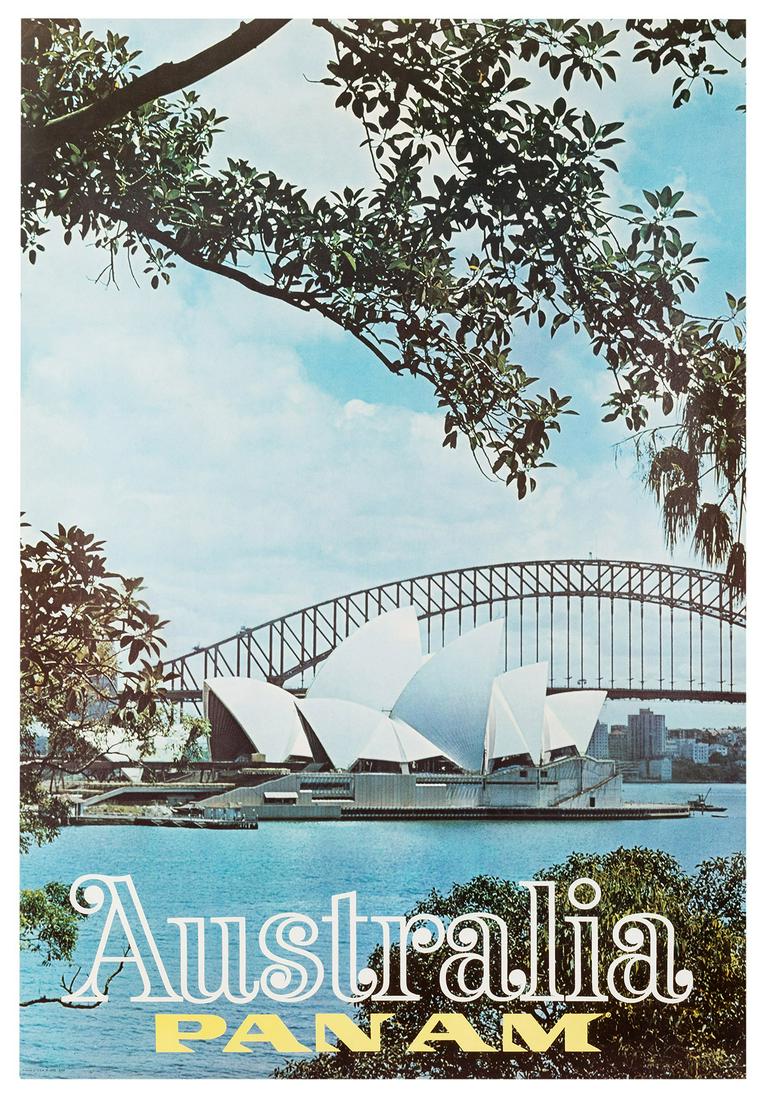 Pan Am. Australia.: Pan Am. Australia. 1969. Airline poster bearing a color photograph of the Sydney Opera House framed by tree branches, white and yellow lettering. 42 x 28”. Linen backed. Minor edgewear. A-.