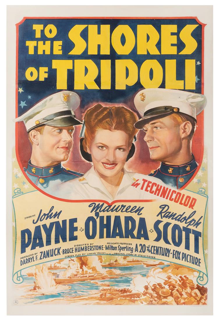 [World War II] To the Shores of Tripoli.: [World War II] To the Shores of Tripoli. 20th Century Fox, 1942. One-sheet movie poster. 41 x 27”. Linen backed. Expert over-coloring in margins and along folds. B+.