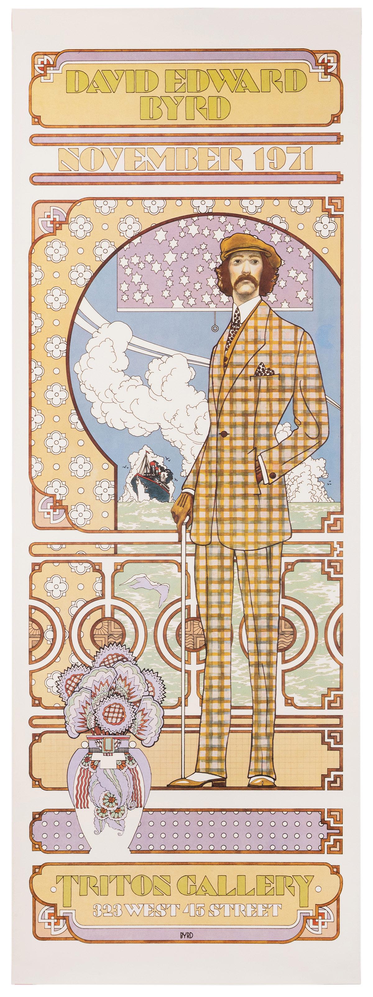 David Byrd. Triton Gallery. 1971.: Byrd, David (b. 1941). David Byrd. Triton Gallery. 1971. Color offset lithograph exhibition poster designed in the style of Alphonse Mucha. 57 ¾ x 20 ½”. Rolled. A.