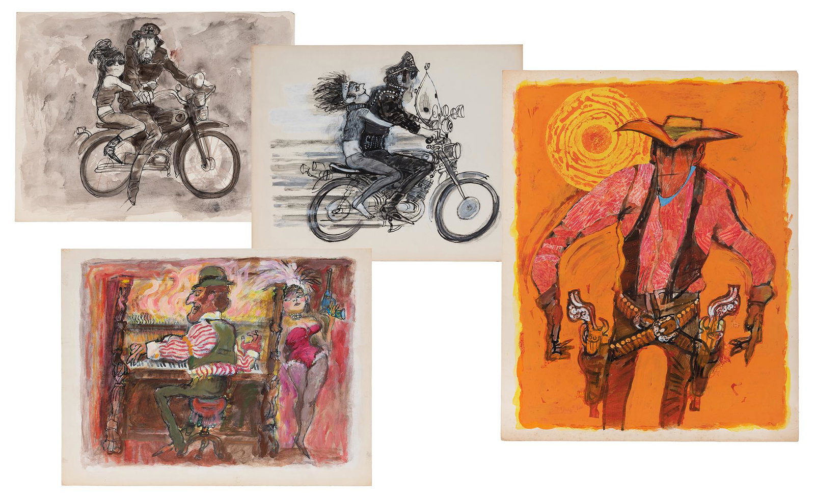 Four Pieces of Original Illustration Art.: Mueller, Howard (American, 20th Century). Four Pieces of Original Illustration Art. Circa 1970s. Pen, ink, and watercolor illustrations, subjects include a honky-tonk piano player with burlesque dance