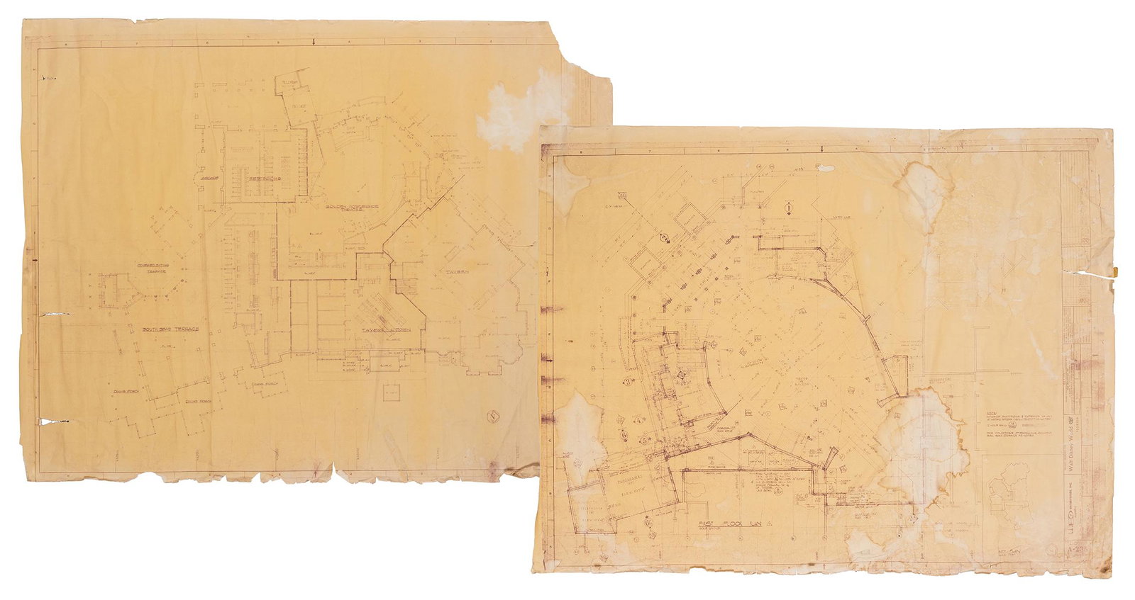 Walt Disney World Floor Plan Blueprints – Liberty: Walt Disney World Floor Plan Blueprints – Liberty Square / Adventureland Complex. WED Enterprises, 1970. Two blueprints, both dated 5-11-70 with revisions up to 12-9-70, crediting Chuck Myall as